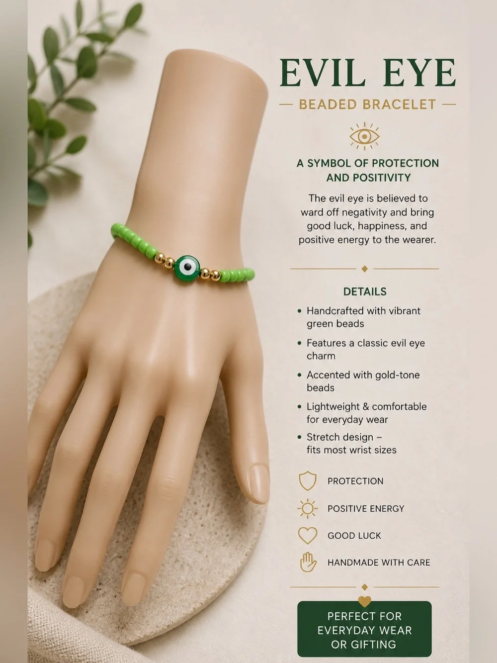Evil Eye Beaded Bracelet - Green with Gold Accents #27